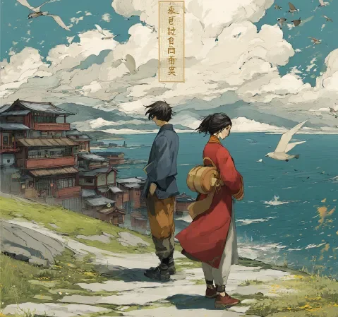 幻想冒险题材漫画封面，旅途中的城镇远景